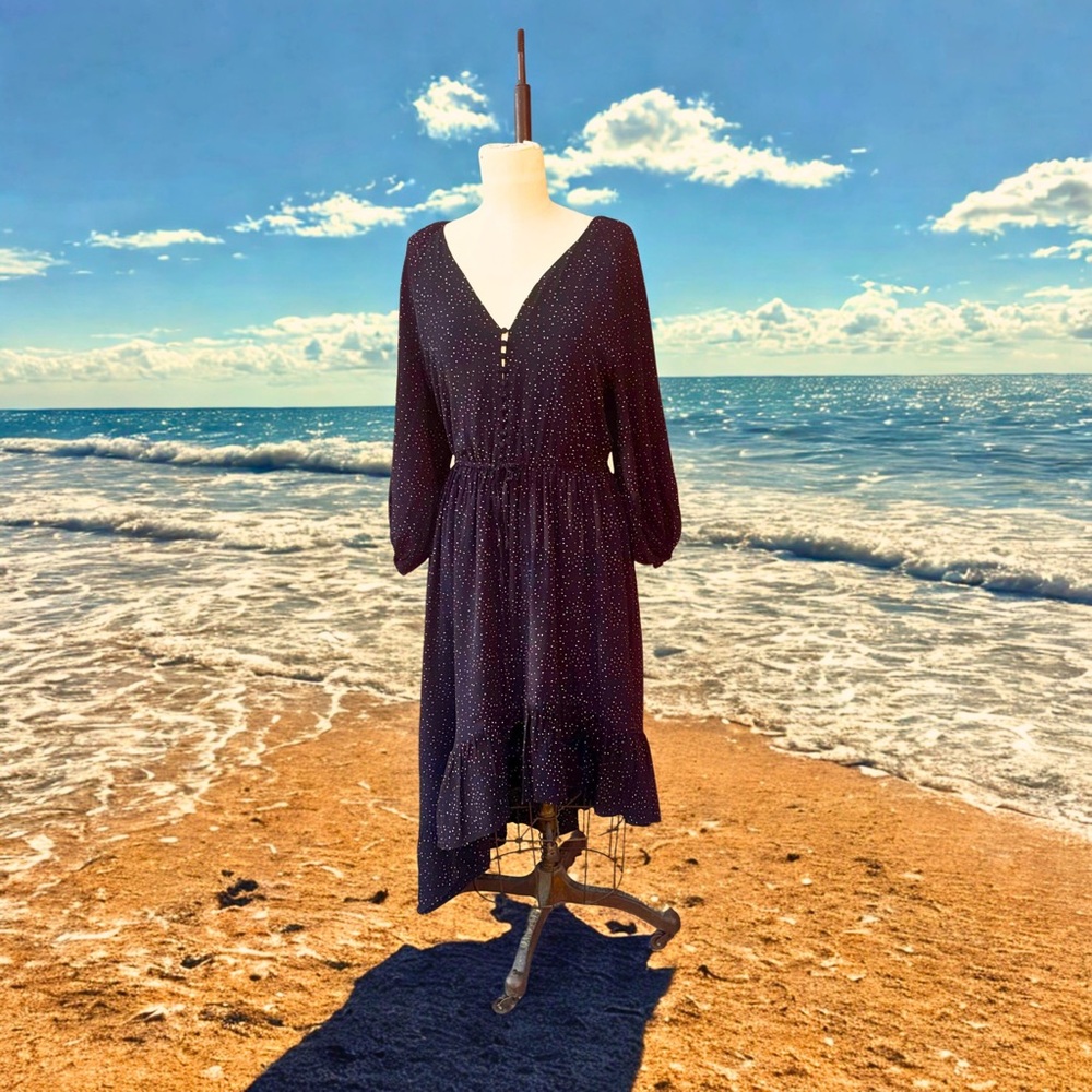 Joie Black Heart Print Romantic Long Sleeve Midi Dress